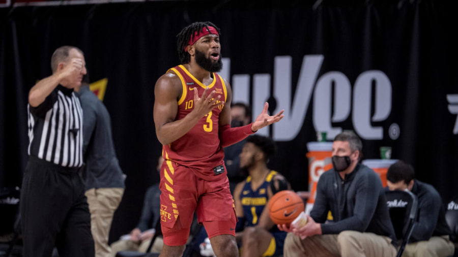 Tre Jackson disagrees with a foul call against then-No. 17 West Virginia on Feb. 2, 2021