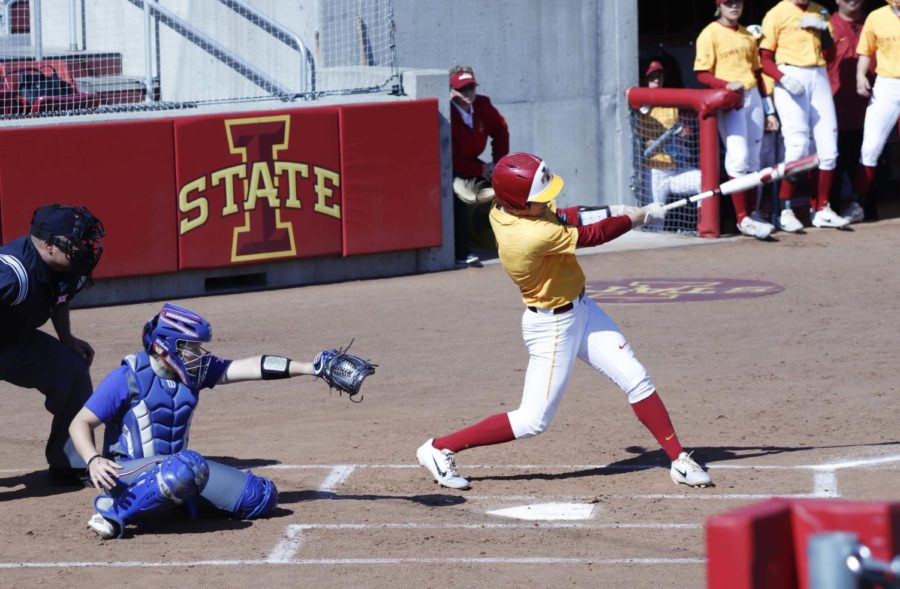 An Iowa State batter swings at a pitch against Kansas on May 3, 2019. The Cyclones defeated the Jayhawks 3-2.