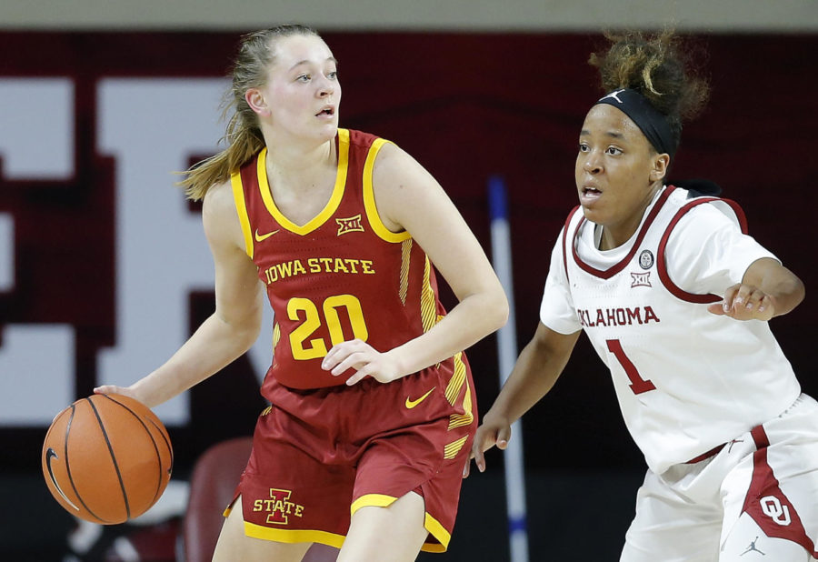 Iowa State freshman Aubrey Joens looks for a teammate in Iowa States game against the University of Oklahoma on Feb. 9 in a 67-61 loss.