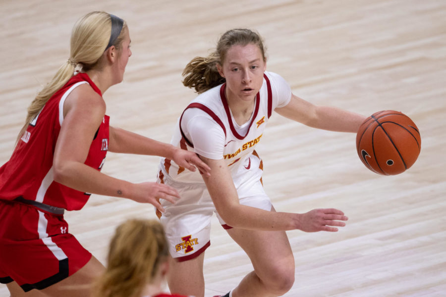 Emily Ryan drives to the basket against Texas Tech on Saturday at Hilton Coliseum.