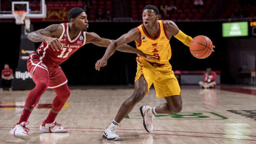Jalen Coleman-Lands moves with the ball against No. 9 Oklahoma on Saturday at Hilton Coliseum.