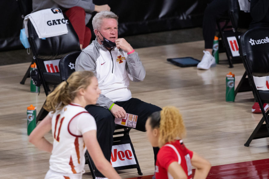 Iowa State womens basketball Head Coach Bill Fennelly coaches from the bench Feb. 6. 
