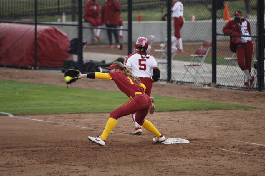 Carli Spelhaug covers first base in Iowa States game vs. No. 1 Oklahoma on March 27 at the Cyclone Sports Complex. 