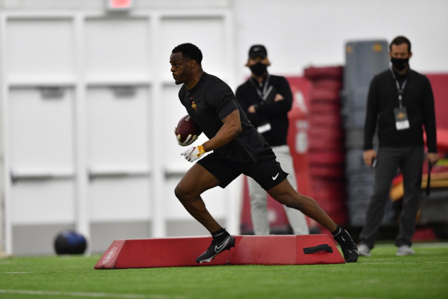 Kene Nwangwu runs drills during Iowa States Pro Day on March 23 at the Bergstrom Football Complex.