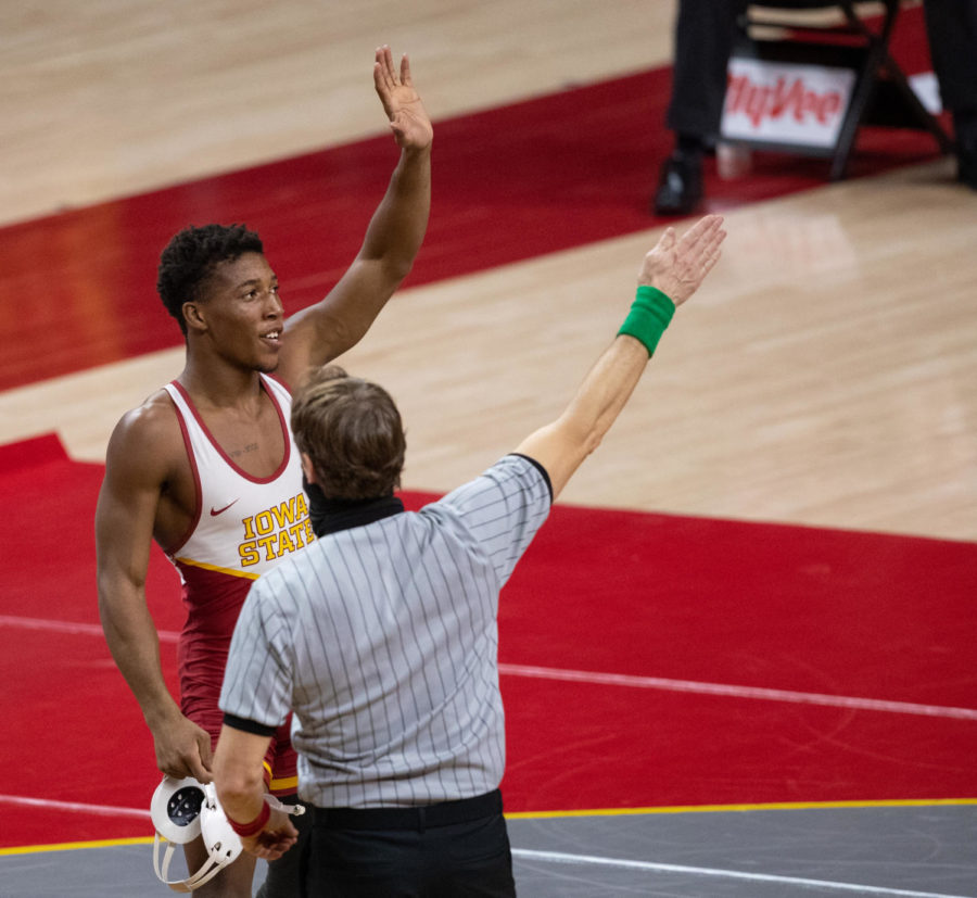 David Carr is given the victory against Wartburg on Jan. 3 at Hilton Coliseum.