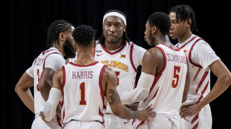 Iowa State mens basketball players huddle together during the teams 81-67 loss to Texas on March 2. 
