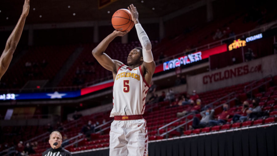 Jalen Coleman-Lands gets set to shoot the ball against Texas on March 2 at Hilton Coliseum.