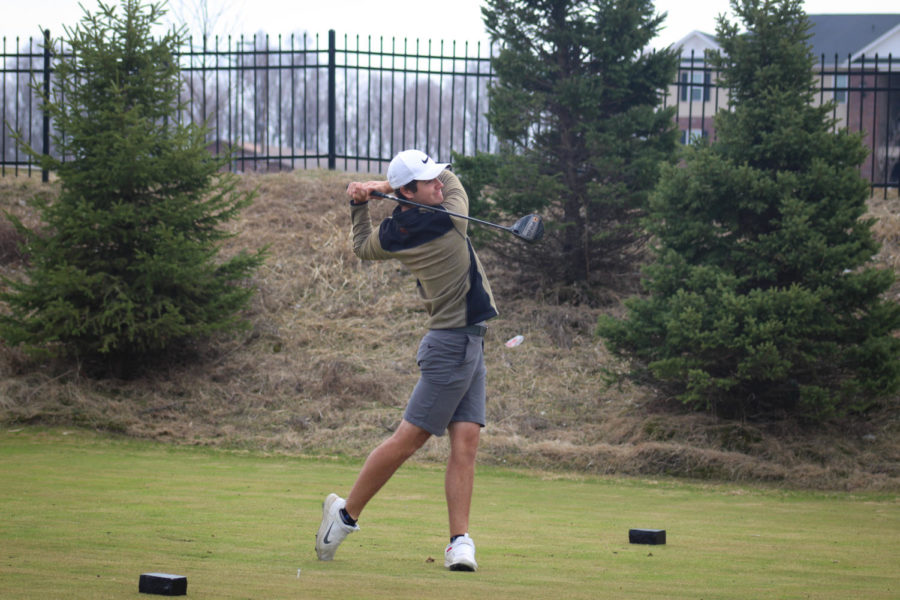 Frank Lindwall hits a shot on the first hole April 5 at Coldwater Golf Links.