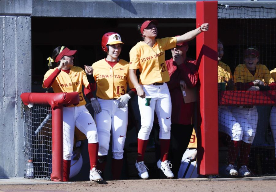 Iowa State players cheer for their teammates during a game against Kansas on May 3, 2019. The Cyclones defeated the Jayhawks 3-2.