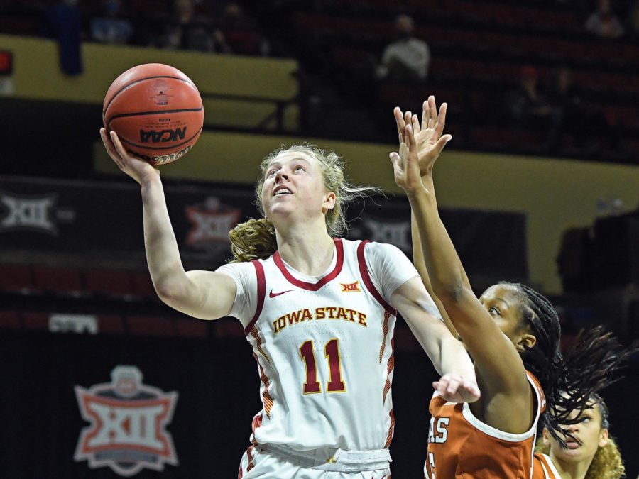 Emily Ryan goes up for a layup against Texas during the Phillips 66 Big 12 Womens Basketball Championship at Municipal Auditorium in Kansas City, Missouri on March 12, 2021. (Scott D. Weaver/Big 12 Conference)