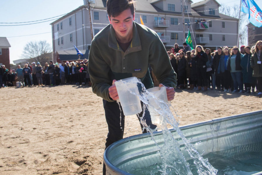 A member of a Greek Week team participates in the event Dizzy Dizzy Duck on April 7, 2018, in the greek neighborhood.
