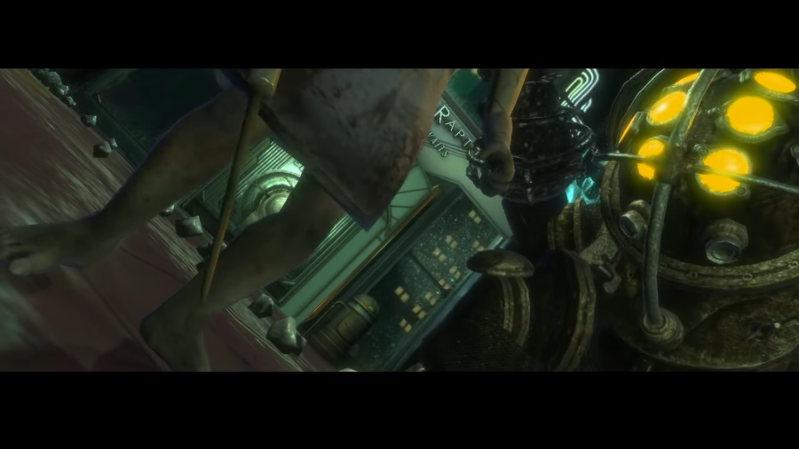 The first glimpse players get at the Big Daddy, one of the bosses present throughout the BioShock series.