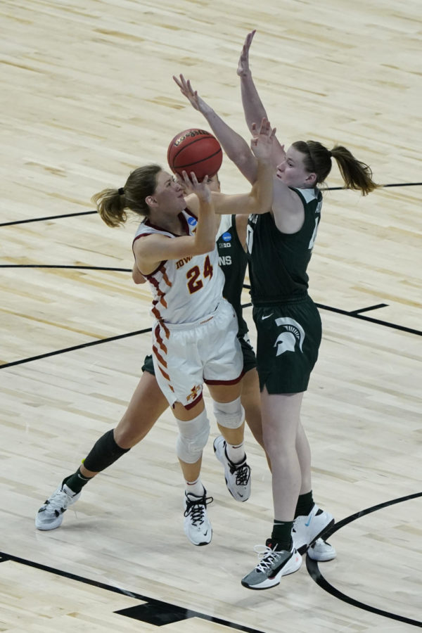 Ashley Joens draws contact during Iowa States opening-round win over Michigan State on March 22 in the Division I Women’s Basketball Tournament.