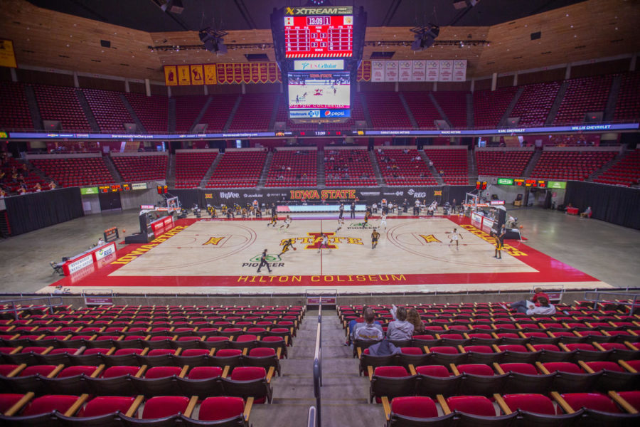 Hilton Coliseum seats sit empty in Iowa State mens basketballs season opener against Arkansas Pine-Bluff on Nov 29. Iowa State athletics limited the attendance in November home games to family and guests of athletes due to the COVID-19 pandemic. 