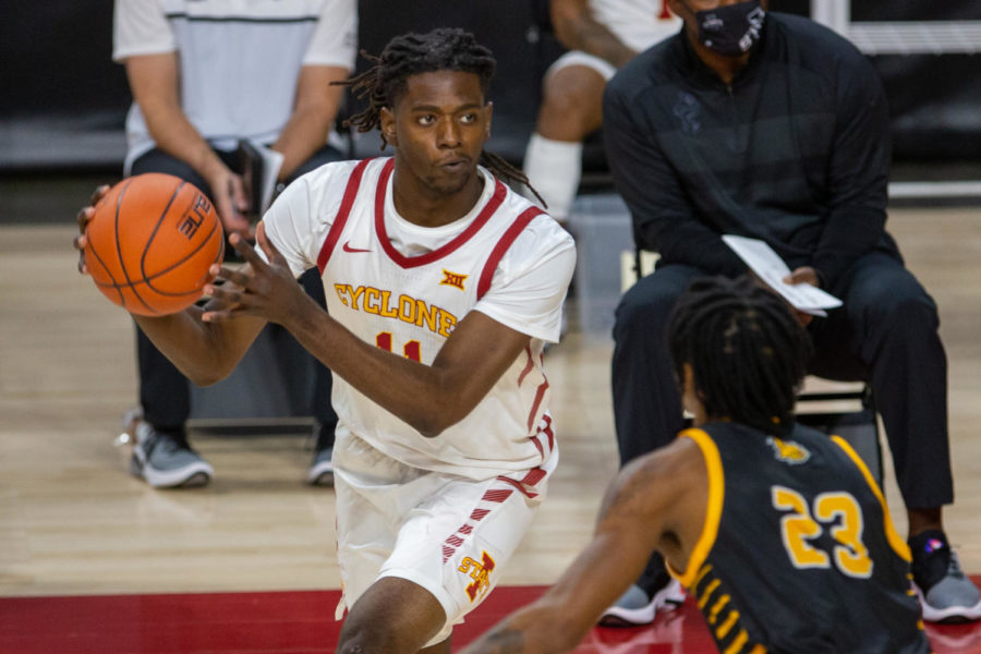 Iowa State freshman Dudley Blackwell moves with the ball on Nov 29 in Hilton Coliseum. Iowa State opened 80-63 to open the 2020-21 season. 