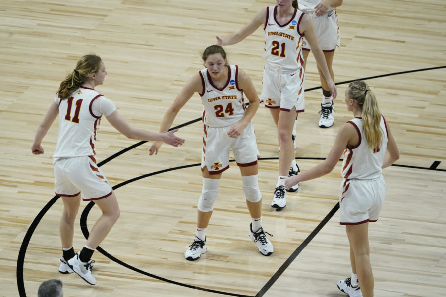 Iowa State womens basketball players celebrate with each other during the first round matchup against Michigan State in the Division I Women’s Basketball Tournament on March 22.