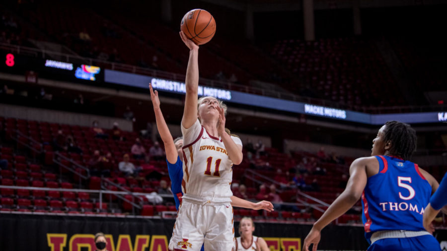 Emily Ryan goes for a layup against Kansas on March 3 at Hilton Coliseum.