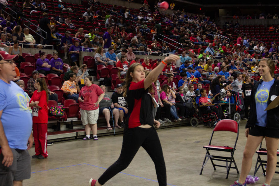 A Special Olympics athlete participates in the softball throw event at Hilton Coliseum on May 24. 