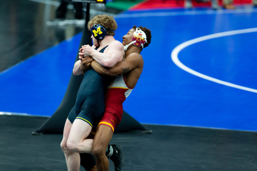 David Carr wrestles Michigans Will Lewan on day one of the NCAA Wrestling Championships on March 18 in St. Louis, Missouri.