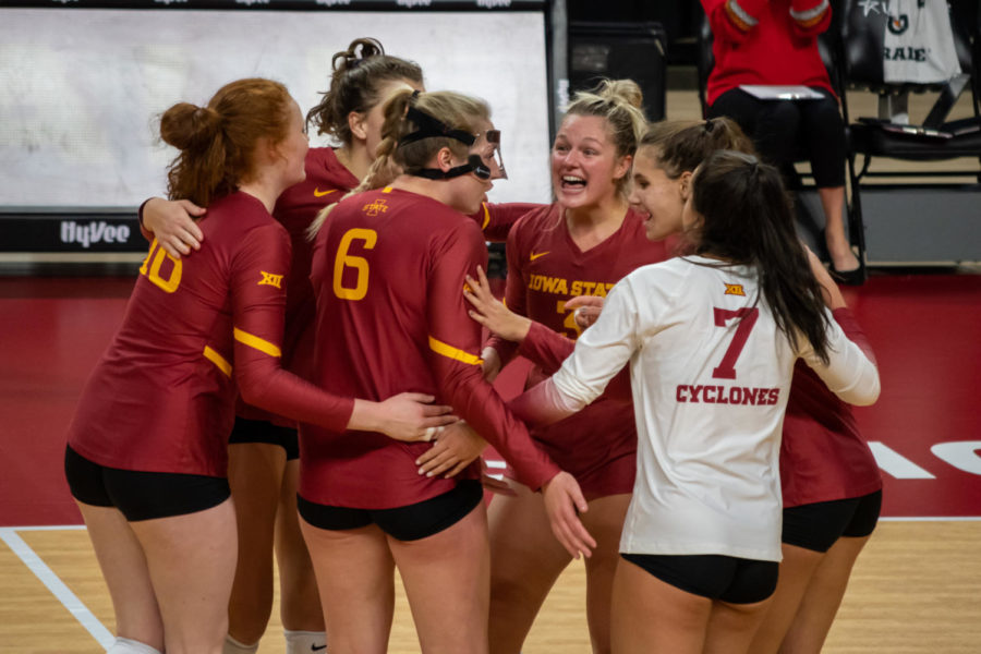 Iowa State volleyball celebrates as a team against then-No. 2 Baylor on Oct. 23 at Hilton Coliseum. Baylor swept Iowa State 3-0.