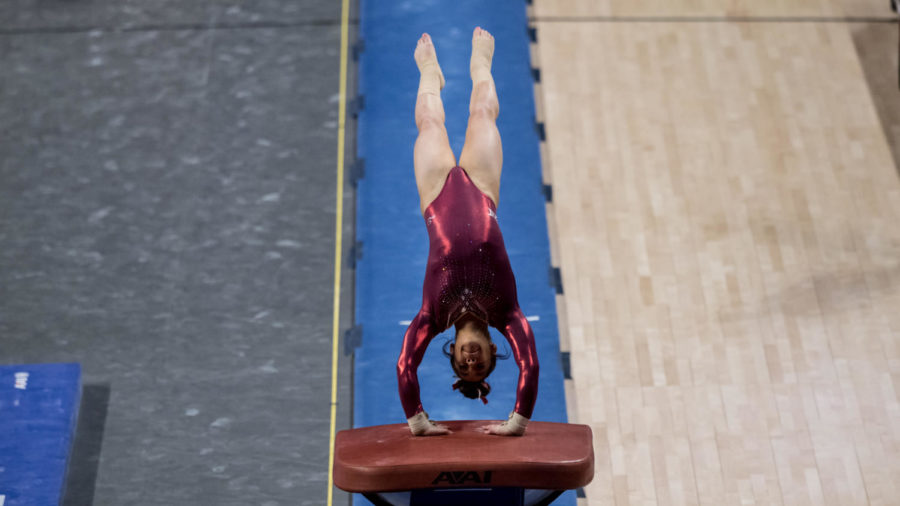 Addy+De+Jesus+goes+up+on+the+vault+in+Iowa+State+gymnastics+meet+against+Northern+Illinois+on+March+12.+De+Jesus+earned+a+9.925+on+the+vault+in+the+Cyclones+win.+%28Photo+courtesy+of+Luke+Lu%2FIowa+State+Athletics%29