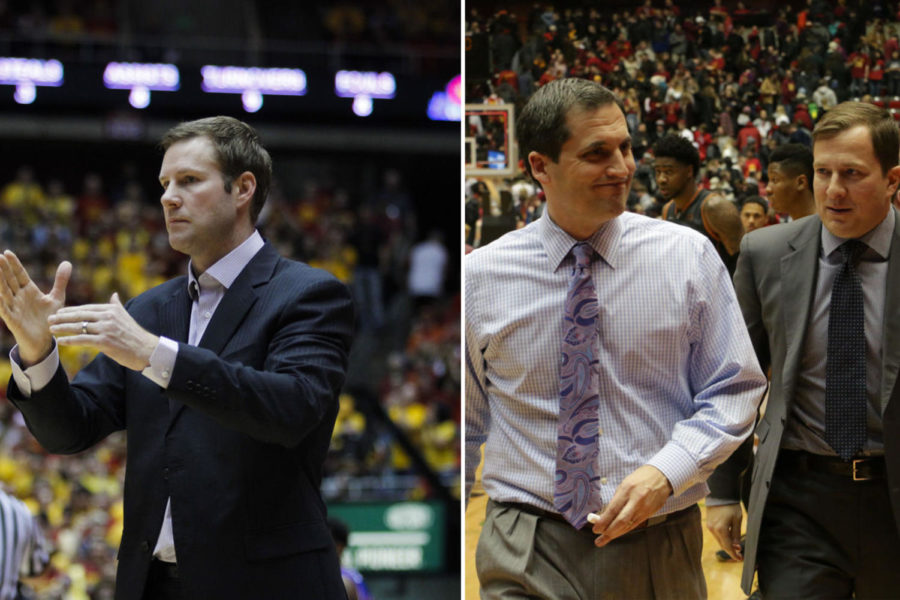 Fred Hoiberg (left) and T.J. Otzelberger (far right) standing next to Steve Prohm (center right) will be among many names Iowa State fans should be aware of as the program searches for its next mens basketball coach. 