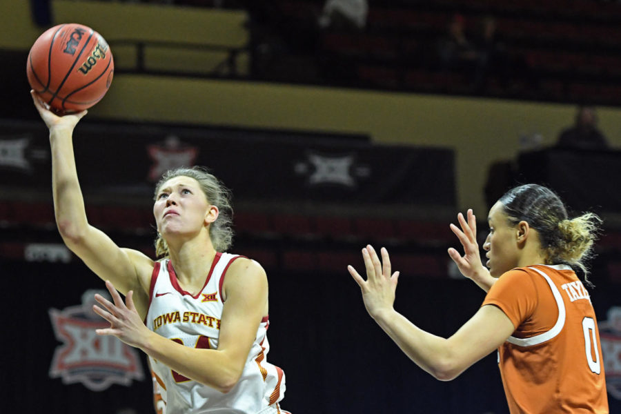 Iowa State then-junior Ashley Joens goes up for a layup against Texas during the Phillips 66 Big 12 Womens Basketball Championship on March 12 at the Municipal Auditorium in Kansas City, Missouri. 