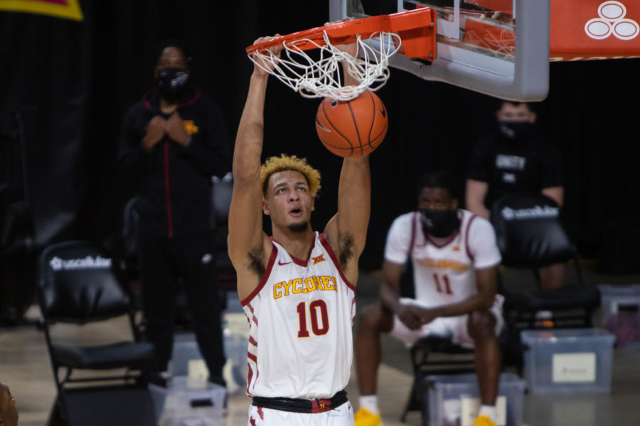 Iowa State freshman Xavier Foster goes up for a dunk against Arkansas-Pine Bluff on Nov. 29, 2020 at Hilton Coliseum. 