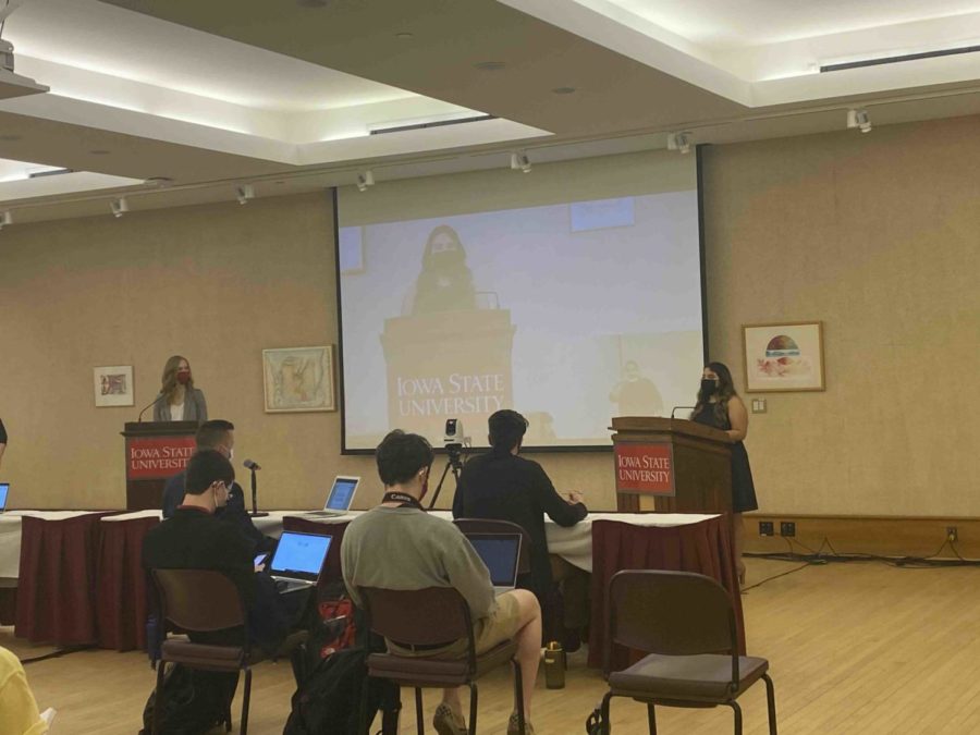 Student Government vice-presidential candidates Megan Decker and Mariana Gonzalez discussed an array of questions, including sustainability and diversity, during Tuesdays debate. 