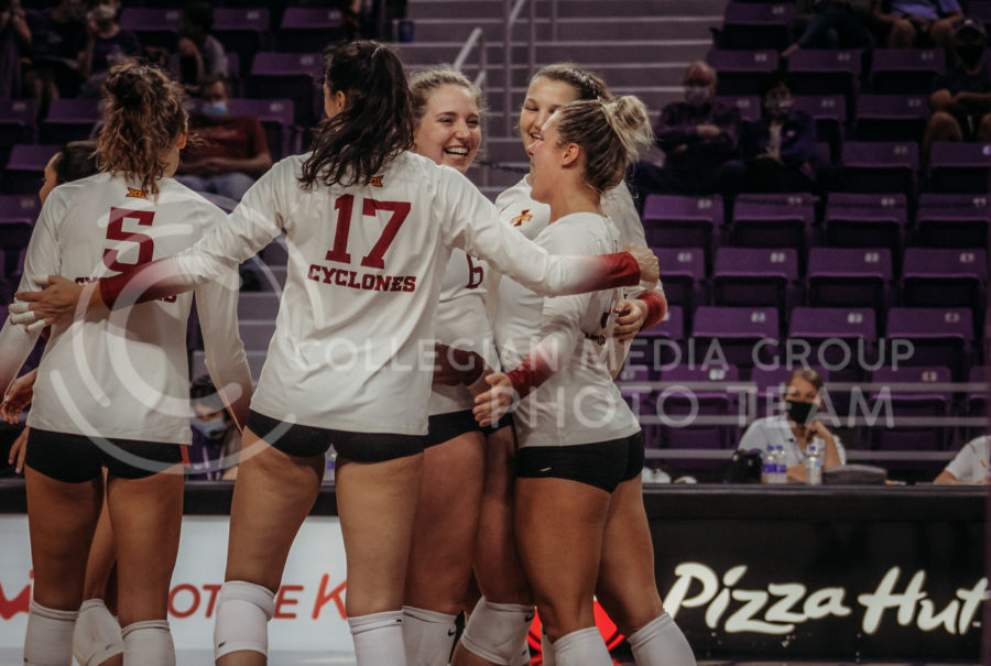Members+of+the+Iowa+State+volleyball+celebrate+shortly+after+scoring+a+point+in+its+Sept.+26%2C+2020+match+against+Kansas+State.+Kansas+State+won+the+match+3-1.Photo+Courtesy+of+Sophie+Osborn%2FCollegian+Media+Group