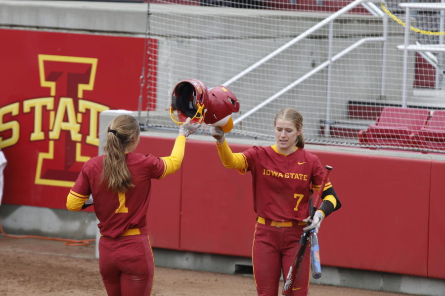 Carli Spelhaug (left) and Sami Williams (right) celebrate during Iowa States game against No.1 Oklahoma on March 27. 