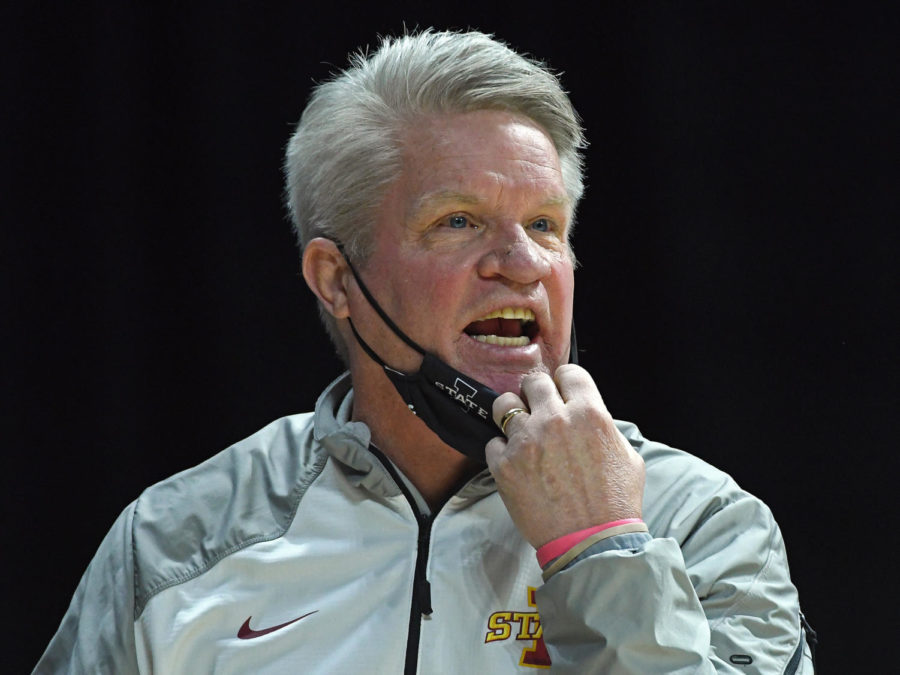 Iowa State Head Coach Bill Fennelly talks to his team during the game against Texas in the opening round of the Phillips 66 Big 12 Womens Basketball Championship on March 12 at the Municipal Auditorium in Kansas City, Missouri.