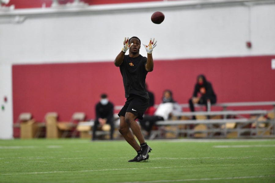 Kene Nwangwu gets ready to catch a pass during Iowa States pro day March 23 in the Bergstrom Football Complex. 