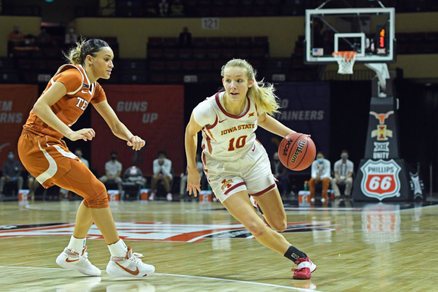 Iowa State freshman Kylie Feuerbach drives to the basket against Texas during the Phillips 66 Big 12 Womens Basketball Championship at Municipal Auditorium in Kansas City, Mo., on March 12.