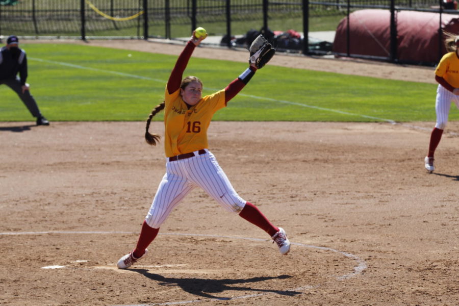 Iowa State pitcher Shannon Mortimer gets ready to throw the ball against the University of Oklahoma on March 28 at the Cyclone Sports Complex.