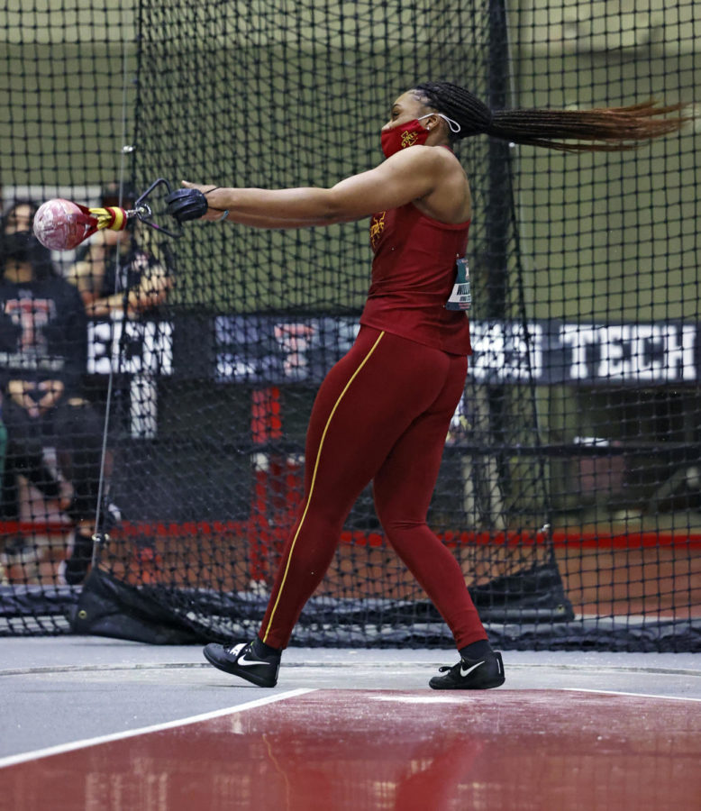 Iowa States Keiara Williams competes in the weight throw during the 2021 Big 12 Indoor Track & Field Championship Feb. 26 at the Texas Tech in Lubbock, Texas. (Brad Tollefson/Big 12 Conference)