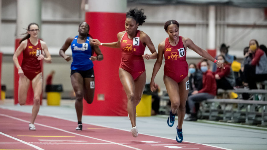 Zakiyah Amos and Bria Barnes finish 1st and 2nd respectively in the womens 400 meter dash at the Cyclone Invite on Jan 23. (Photo courtesy of Luke Lu/Iowa State Athletics)