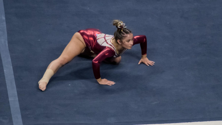 Andrea Maldonado performs in the floor exercise in Iowa State gymnastics meet against Northern Illinois on March 12 at Hilton Coliseum.