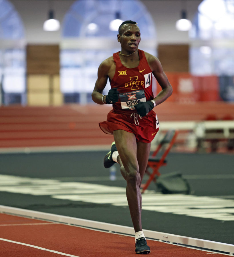 Iowa States Wesley Kiptoo runs in the 3,000-meter run event during the 2021 Big 12 Indoor Track & Field Championship on Feb. 27 in Lubbock, Texas.