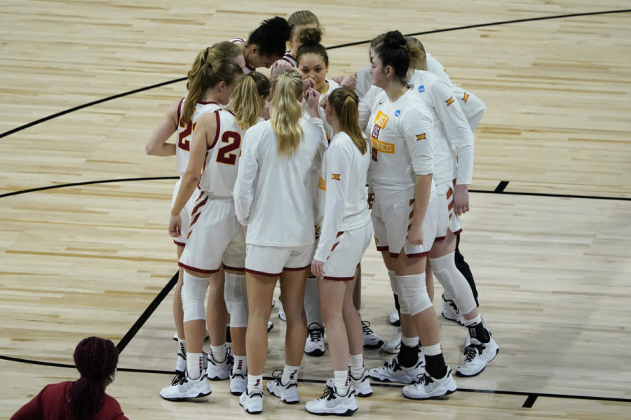 Iowa State womens basketball players huddle together during its first-round win over Michigan State in the Division I Women’s Basketball Tournament held March 22.