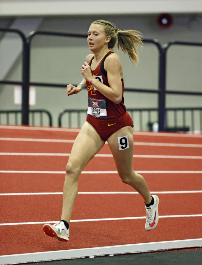 Iowa States Cailie Logue competes in the 5,000-meter run during the 2021 Big 12 Indoor Track and Field Championship on Feb. 26 in Lubbock, Texas.