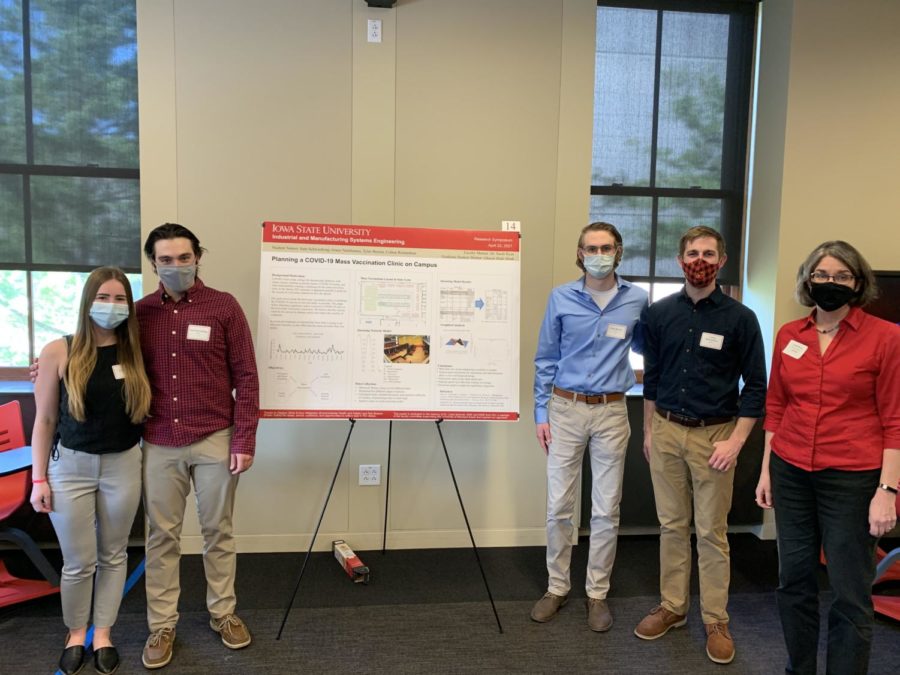 Grace Nashleanas, Sam Schwierking, Tyler Brenza and Colton Richardson, led by industrial engineering professor Sarah Ryan, helped plan Iowa States mass vaccination clinic.