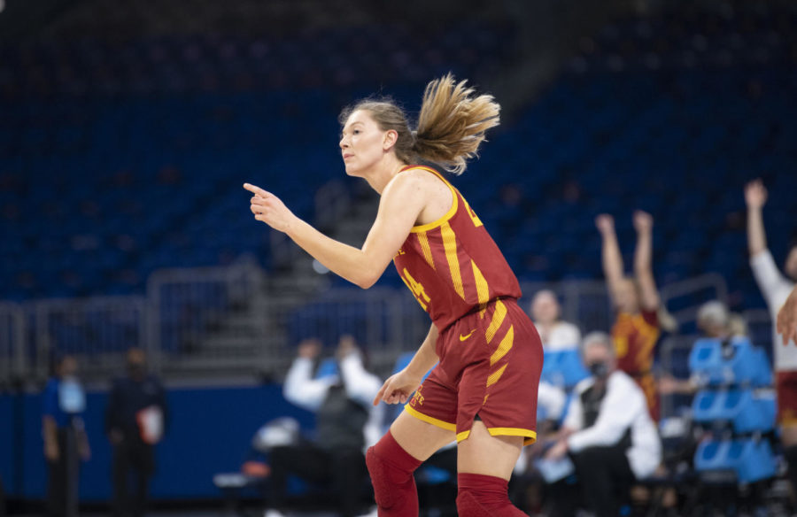 Ashley Joens celebrates after making a shot against Texas A&M University during the second round of the 2021 NCAA Division I Women’s Basketball Tournament on March 24.