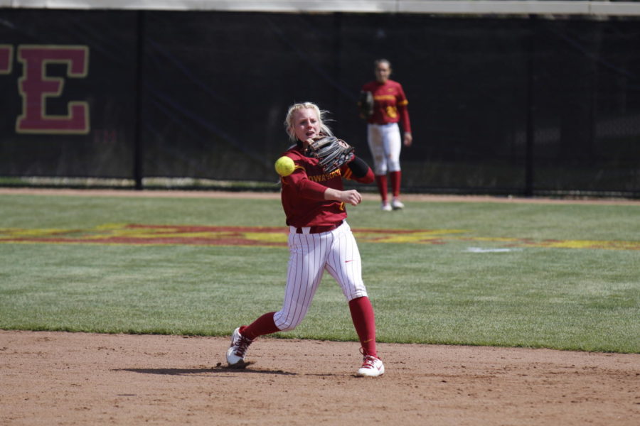 Second basemen Kasey Simpson making a play at first. Iowa State beat Baylor in their second game of three 6-4. 