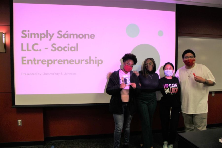 Pictured are social entrepreneurship workshop participants with JassmaRay Johnson, a junior in psychology and founder of Simply Samone lip gloss.