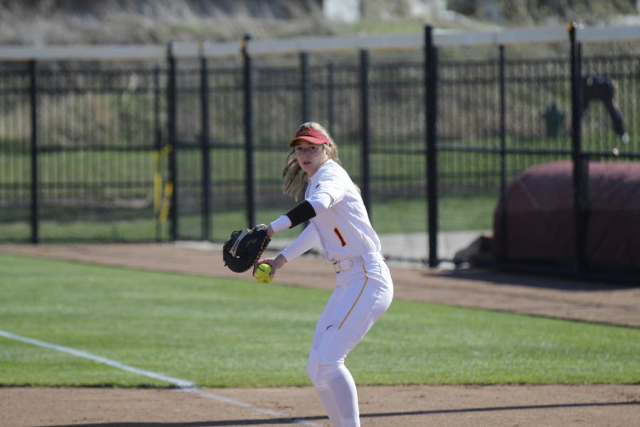 First basemen Carli Spelhaug making a play against Drake University. 