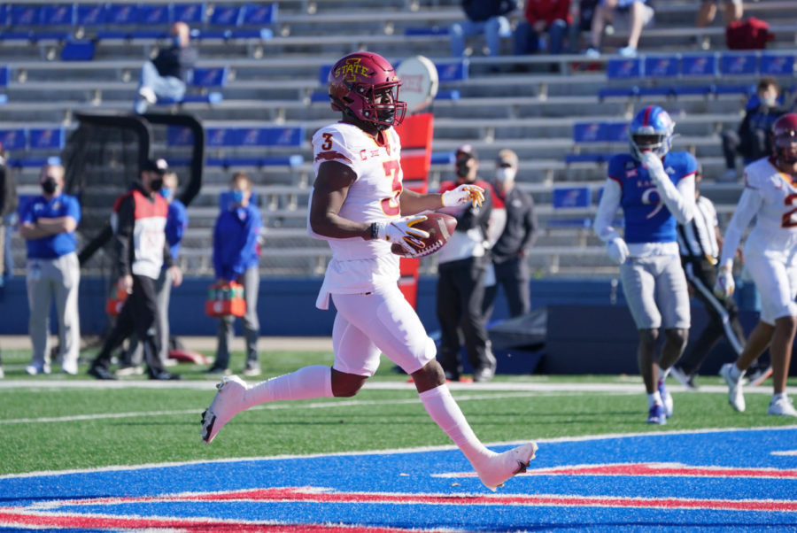 Iowa State running back Kene Nwangwu runs in for a touchdown during the first half against the Kansas Jayhawks on Oct. 31.