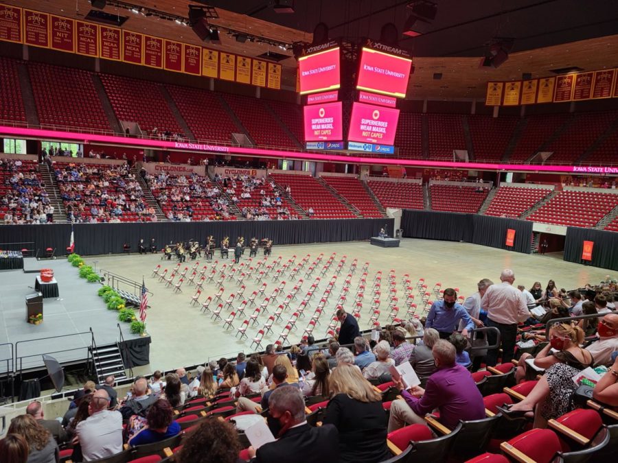 Friends and family take their seats before the Iowa State Veterinary Medicine Graduation ceremony in Hilton Coliseum on May 7.