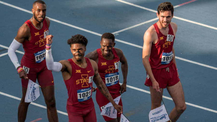 Iowa State mens 4x800 relay team of Jason Gomez, Daniel Nixon, Roshon Roomes and Festus Lagat celebrate after winning the Cyclones fourth straight 4x800 relay event April 23. 