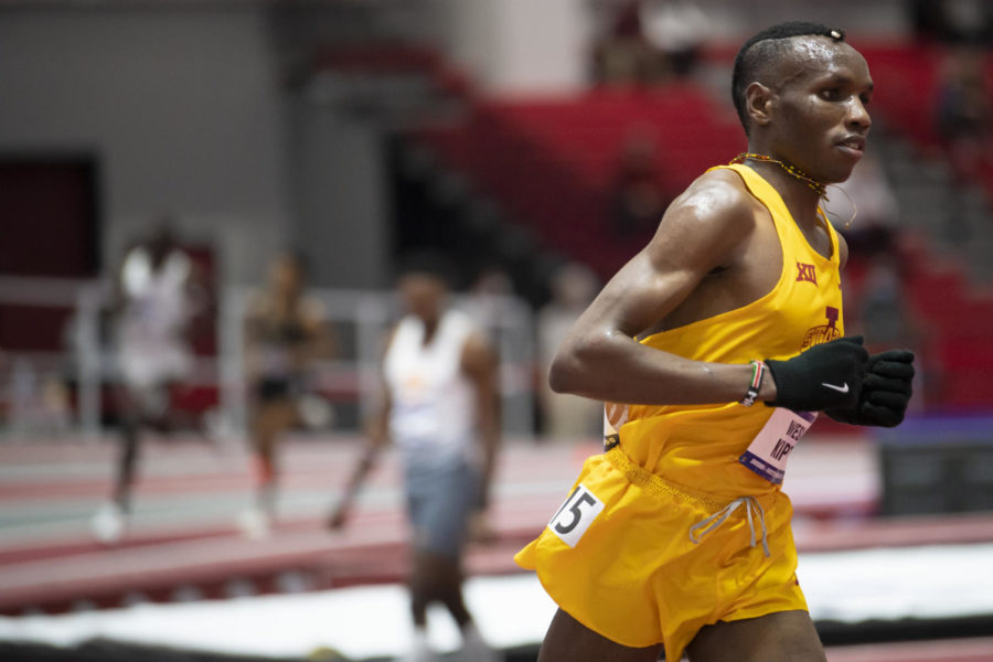 Iowa States Wesley Kiptoo runs in the 5,000-meter during the Division I Men’s and Women’s Indoor Track & Field Championship on March 12 in Fayetteville, Arkansas.